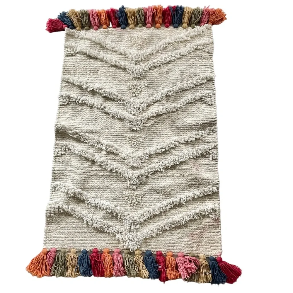 Pier 1 boho multicolor fringe sequin tassel area throw rug Size 23” X 40”